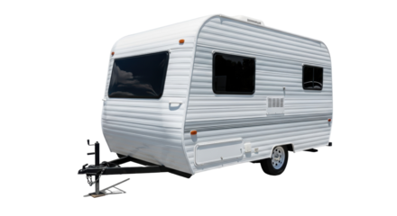 Vintage travel trailer PNG isolated on transparent background, retro camper with white and blue stripes for camping and road trips