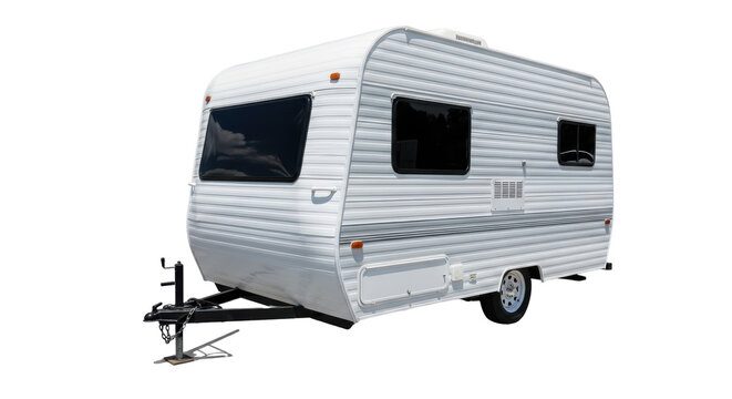 Vintage travel trailer PNG isolated on transparent background, retro camper with white and blue stripes for camping and road trips