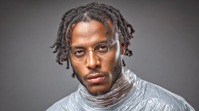 Male model with stylish dreadlocks wearing transparent plastic wrap, showcasing a modern and artistic fashion statement, emphasizing contemporary design and unique visual aesthetics - Powered by Adobe