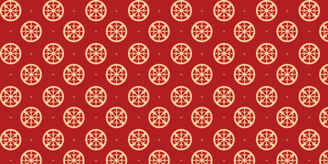 Seamless festive pattern with circular golden snowflake emblems and tiny star accents on a rich red background, perfect for Christmas wrapping paper, luxury packaging, greeting cards and elegant holid