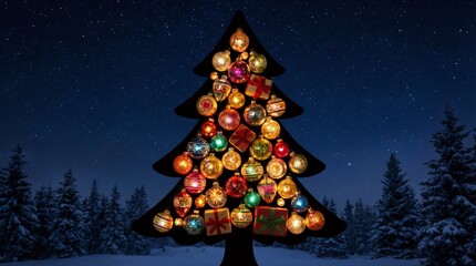 A festive Christmas tree with gifts and decorations for the holiday season and New Year celebration