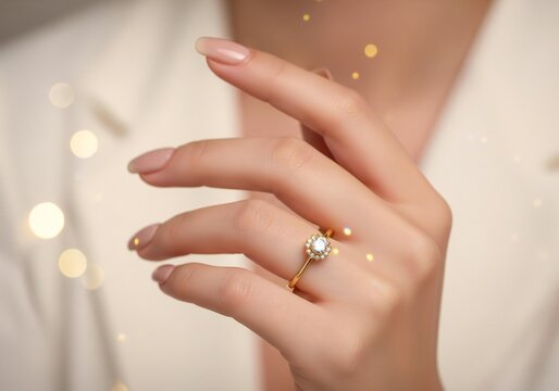 A woman's hand wearing a gold ring with a diamond in a close up shot with bokeh background lights