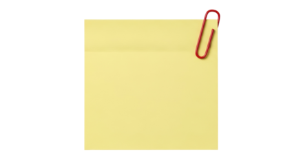 Yellow sticky note with red paper clip PNG isolated on transparent background, reminder message for office and personal use