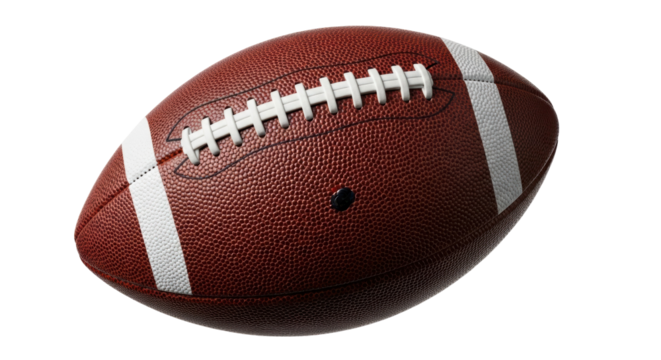 American football isolated PNG, brown leather ball with white stripes and laces for sports equipment and game day designs on transparent background