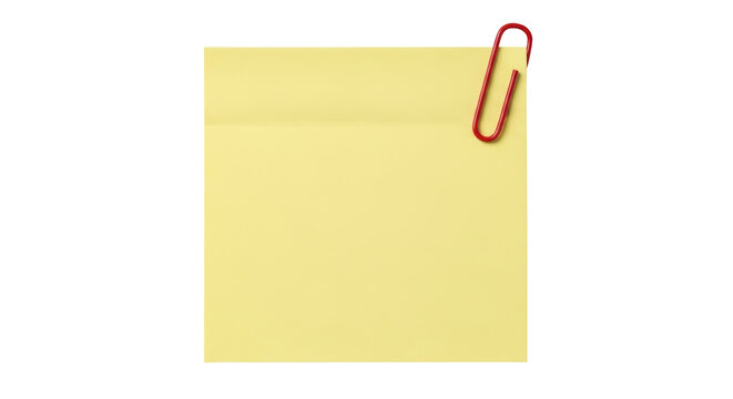 Yellow sticky note with red paper clip PNG isolated on transparent background, reminder message for office and personal use