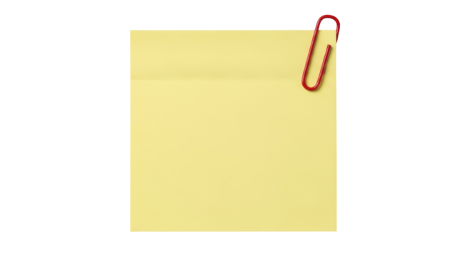 Yellow sticky note with red paper clip PNG isolated on transparent background, reminder message for office and personal use - Powered by Adobe