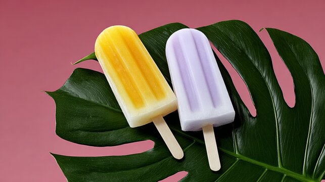Colorful frozen popsicles in yellow and purple hues resting on a vibrant green tropical leaf, showcasing refreshing summer treats with a playful aesthetic and inviting atmosphere
