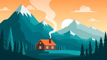 Peaceful wooden cabin nestled among majestic mountain peaks at sunset