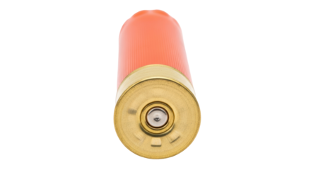 Orange shotgun shell isolated PNG, ammunition for hunting and sport shooting on transparent background, close-up view of cartridge