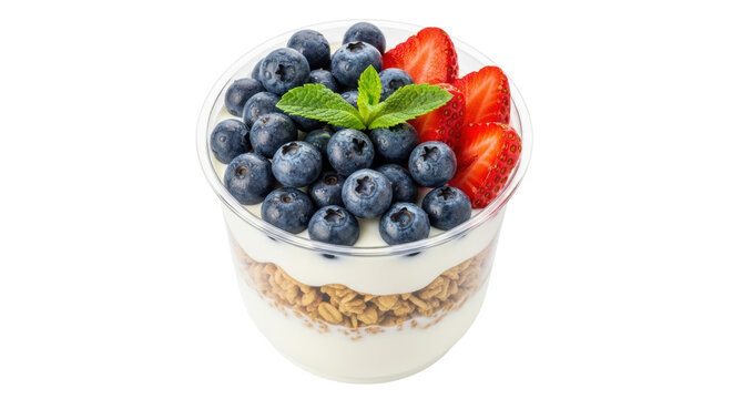 Delicious yogurt parfait with granola, blueberries, and strawberries isolated PNG, healthy breakfast dessert on transparent background