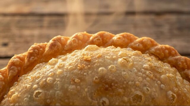 Delicious baked empanada with steam, close-up, warm food shot.