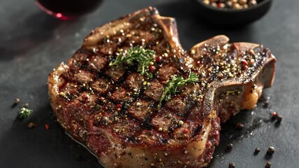 Video Freshly cooked steak served with a glass of wine, perfect for a romantic dinner or special occasion