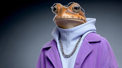Stylish anthropomorphic frog wearing oversized glasses and a purple jacket, showcasing a unique blend of fashion and whimsy in a modern, playful setting with a neutral background