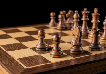 Elegant wooden chessboard with detailed pieces