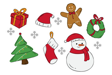 Set of Christmas elements vector illustration,  hand drawing style. Quirky icons.  Collection of christmas tree, snowman. Design for sticker, card, poster, invitation, greeting