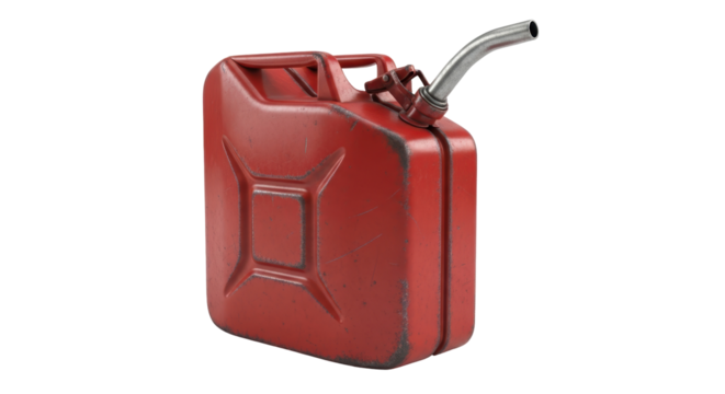 Red metal gas can isolated PNG, fuel container for gasoline or petrol on transparent background, emergency supply for automotive use