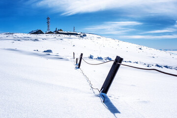 Frozen winter landscape with Weather station with Radar Dome on a snowy mountains. Kopaonik, Serbia