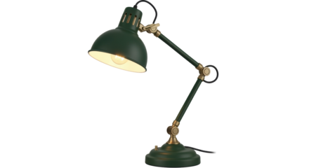 Green and brass adjustable desk lamp PNG isolated on transparent background, vintage style lighting fixture for home or office