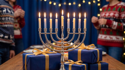 Christmas church interior with gold decoration and candles on a celebration table, a luminous religious holiday