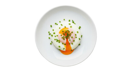 Fried egg with chives isolated on transparent background PNG, sunny side up breakfast food for healthy eating and restaurant menus