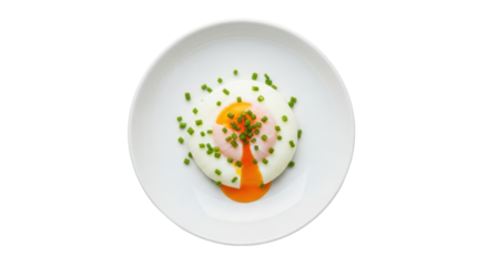 Fried egg with chives isolated on transparent background PNG, sunny side up breakfast food for healthy eating and restaurant menus