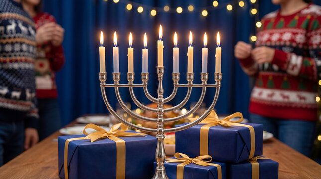 Christmas church interior with gold decoration and candles on a celebration table, a luminous religious holiday