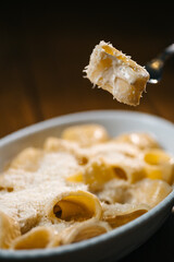 Fork holding pasta bite with creamy sauce above bowl of cheesy pasta, close-up.