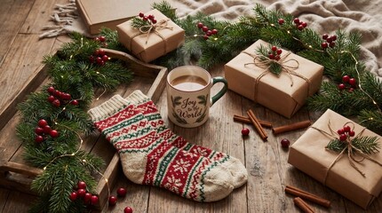 Christmas stocking with red bow and golden ornament presents on a wooden background for the holiday season