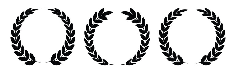 A set of Three black  decorative laurel wreaths set. Illustration of three wheat and laurel wreaths in different styles isolated on white background