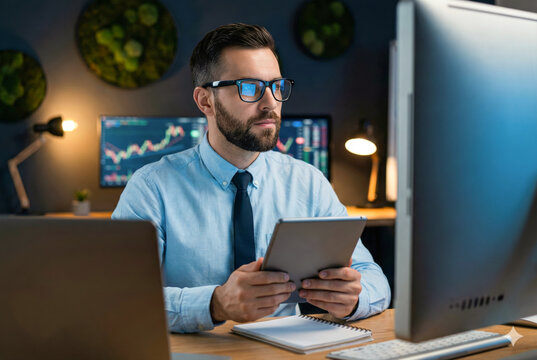 Focused financial analyst holding tablet while monitoring stock market charts on computer screens in modern night office