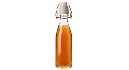 Amber liquid in a glass bottle with swing top isolated PNG, vintage style beverage container on transparent background
