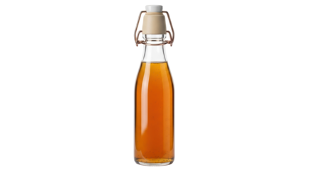 Amber liquid in a glass bottle with swing top isolated PNG, vintage style beverage container on transparent background