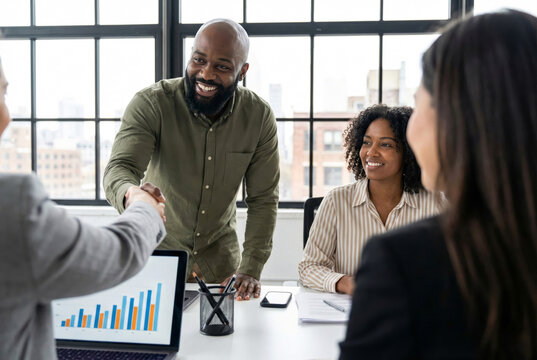 Smiling Black businessman shaking hands with partner during diverse team meeting in modern office with data charts