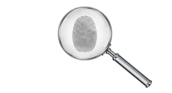 Fingerprint under magnifying glass isolated PNG, crime scene investigation and forensic science concept on transparent background