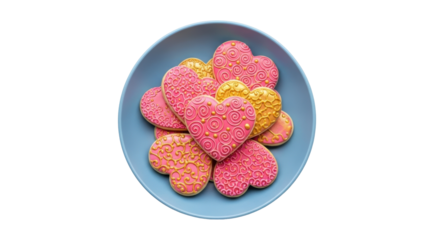 Heart-shaped cookies in a blue bowl isolated PNG, pink and gold frosted treats for Valentine s Day and romantic occasions