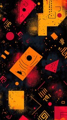 Orange-Red Geometric Graffiti Decor, Black Background Splatter Elements for Posters, Decor, Street Art Design