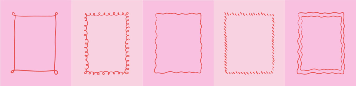 Set of whimsical hand-drawn frames with wavy  vintage styles. Quirky trendy Frame, red Borders for Wedding Invitation, cute pink color greeting cards , line doodle design elements Vector illustration.