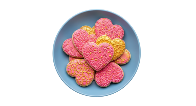 Heart-shaped cookies in a blue bowl isolated PNG, pink and gold frosted treats for Valentine s Day and romantic occasions