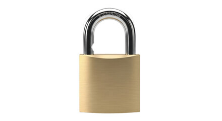 Brass padlock isolated PNG on transparent background, security lock with metal shackle for safety and protection, golden color