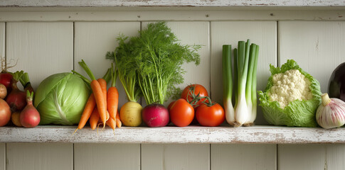 fresh vegetables on a shelf in a kitchen