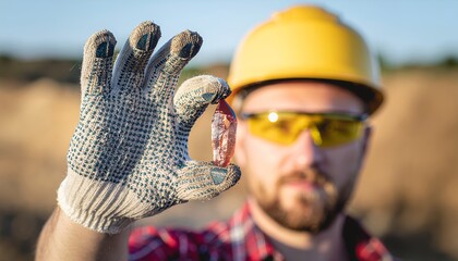 Miner holding a raw gemstone with safety gear