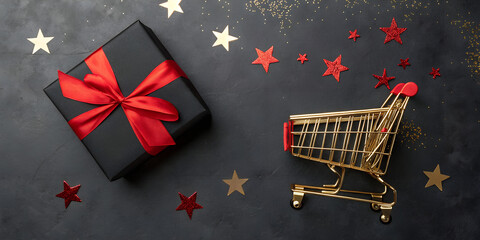 Golden shopping cart with a red ribboned gift box surrounded by small star confetti on a dark surface symbolizing holiday shopping
