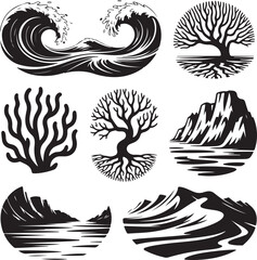 Monochrome Vector Landscape Elements Collection Featuring Waves Trees and Mountains