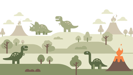 Obraz premium Pastel Landscape with Cute Dinosaurs and Volcanoes Illustration