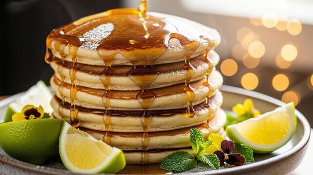 Golden syrup drizzling over stack of fluffy pancakes with citrus and mint garnish