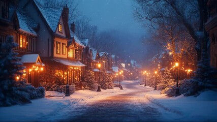 Winter wonderland scene in a charming village with snow-covered streets and glowing lights at twilight - Powered by Adobe