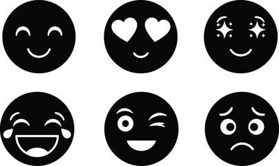 Fototapeta premium Set of Cartoon Emoticons Collection With Black Color Vector Illustration On Transparent Background, Smile, Wink, Laughing and Crying