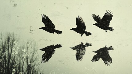 A Murder of Crows Soaring Against a Pale Sky.