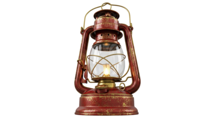 Vintage red kerosene lamp PNG isolated, antique lantern with glass globe and golden accents for rustic decor and atmospheric lighting