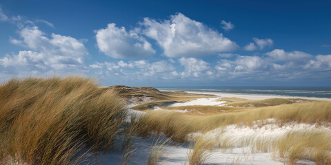 a photo of the dunes at sylt, northern germany, at its best with a blue sky and white sand, 